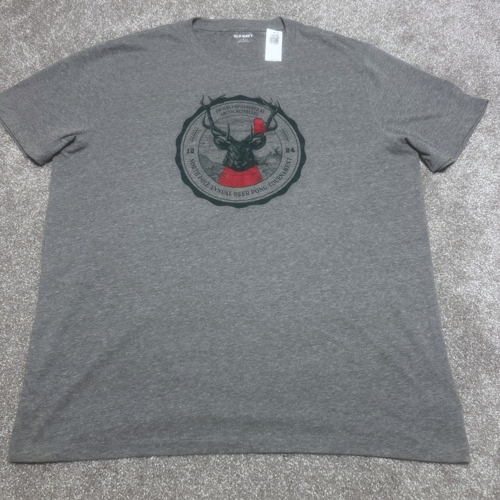 Old Navy Mens L Deer Pong Tournament Graphic Tee Gray Christmas Holiday T-Shirt